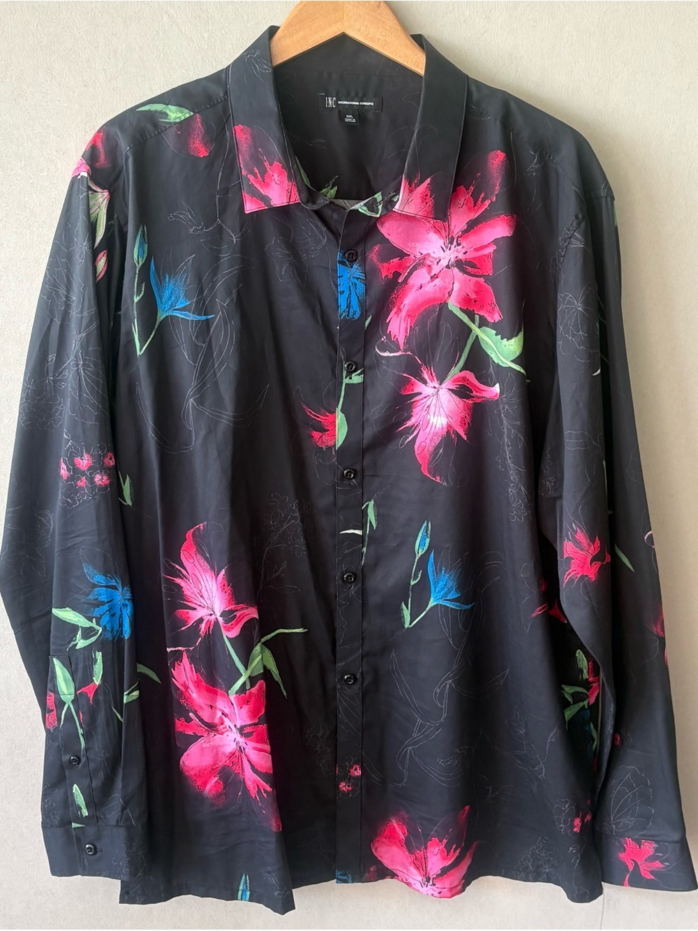 INC International Concepts Black Button-Down Shirt with Pink & Blue Floral Print